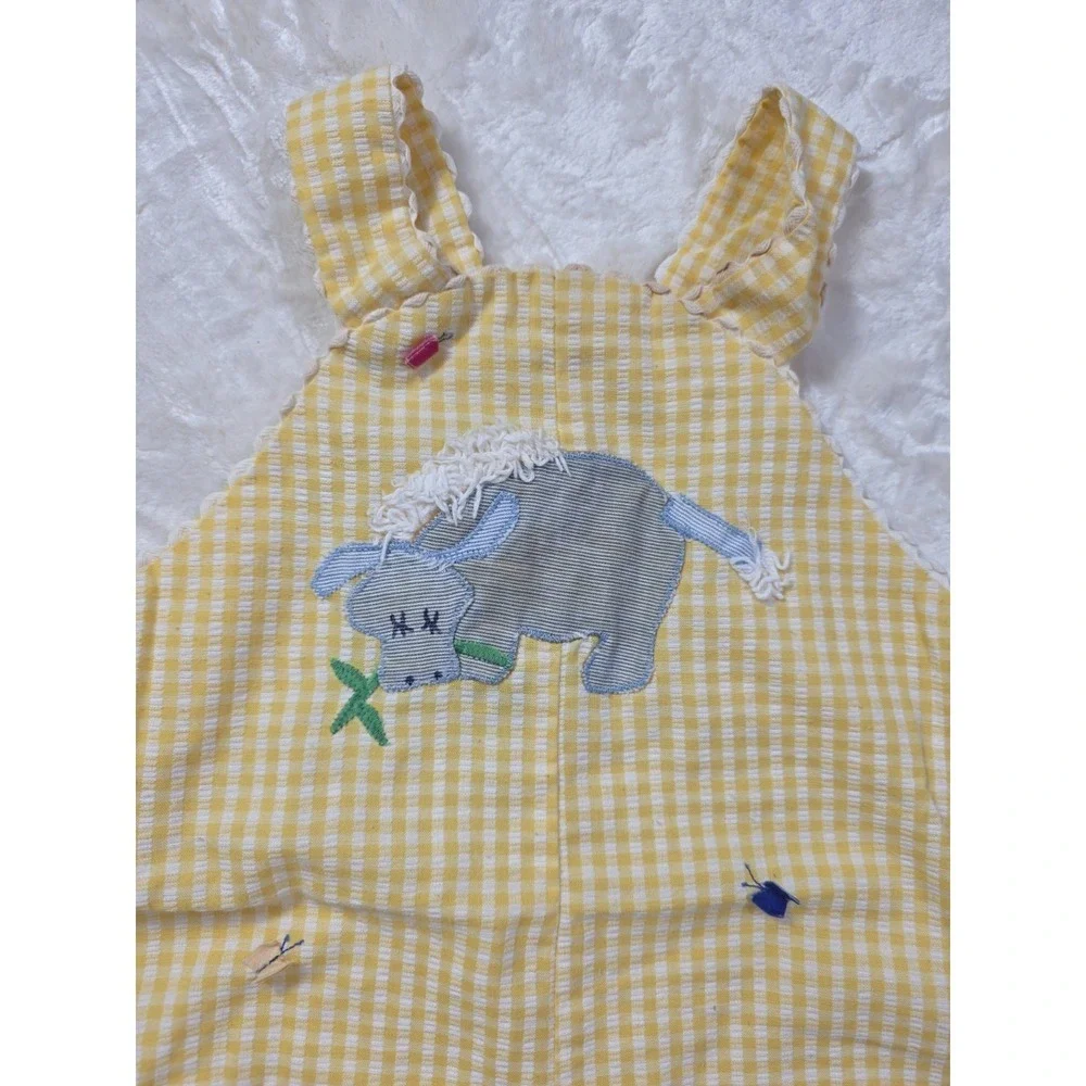 Vintage 80s Heircraft By Freitag Baby Romper 18M Yellow Gingham Lamb